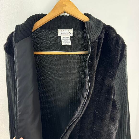 Y2K Faux Fur Zip Sweater Jacket Black Ribbed Knit Zip Up Size Large. - Picture 6 of 8